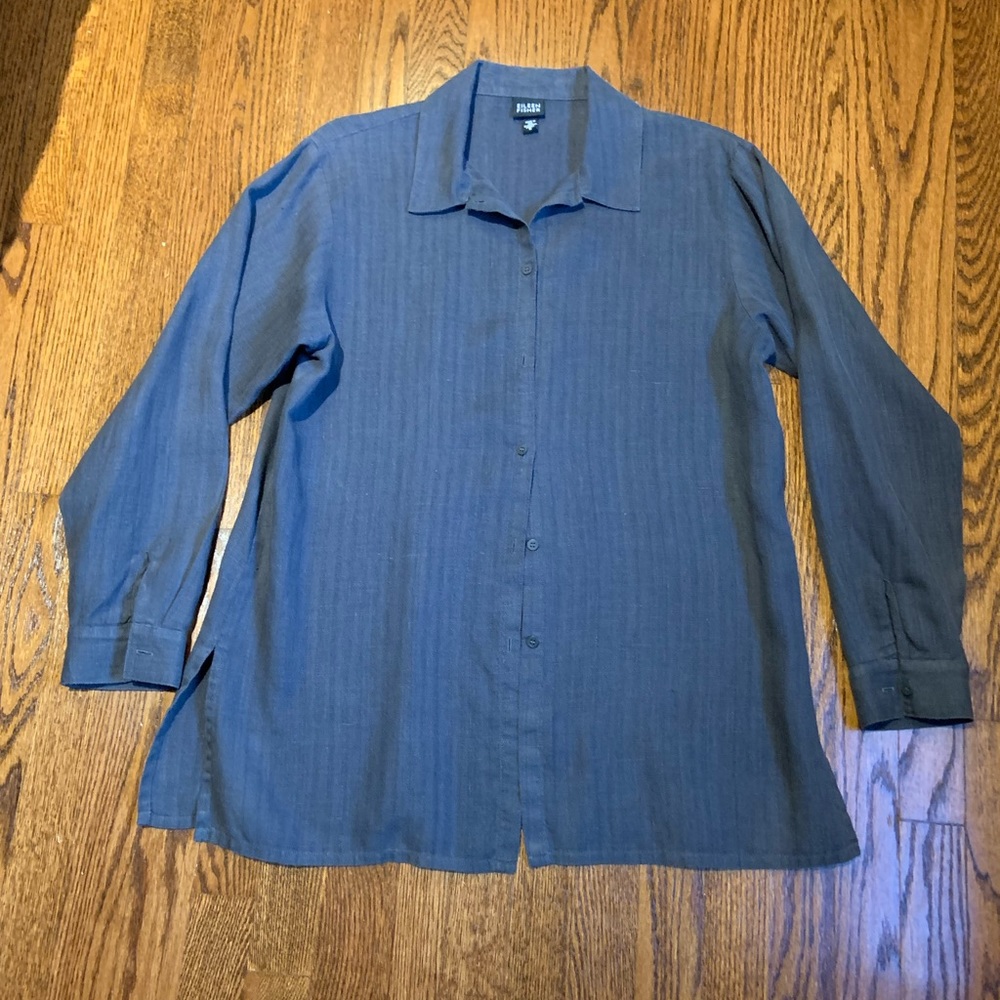 Eileen Fisher 100% Linen Navy Button-Down Shirt sz M